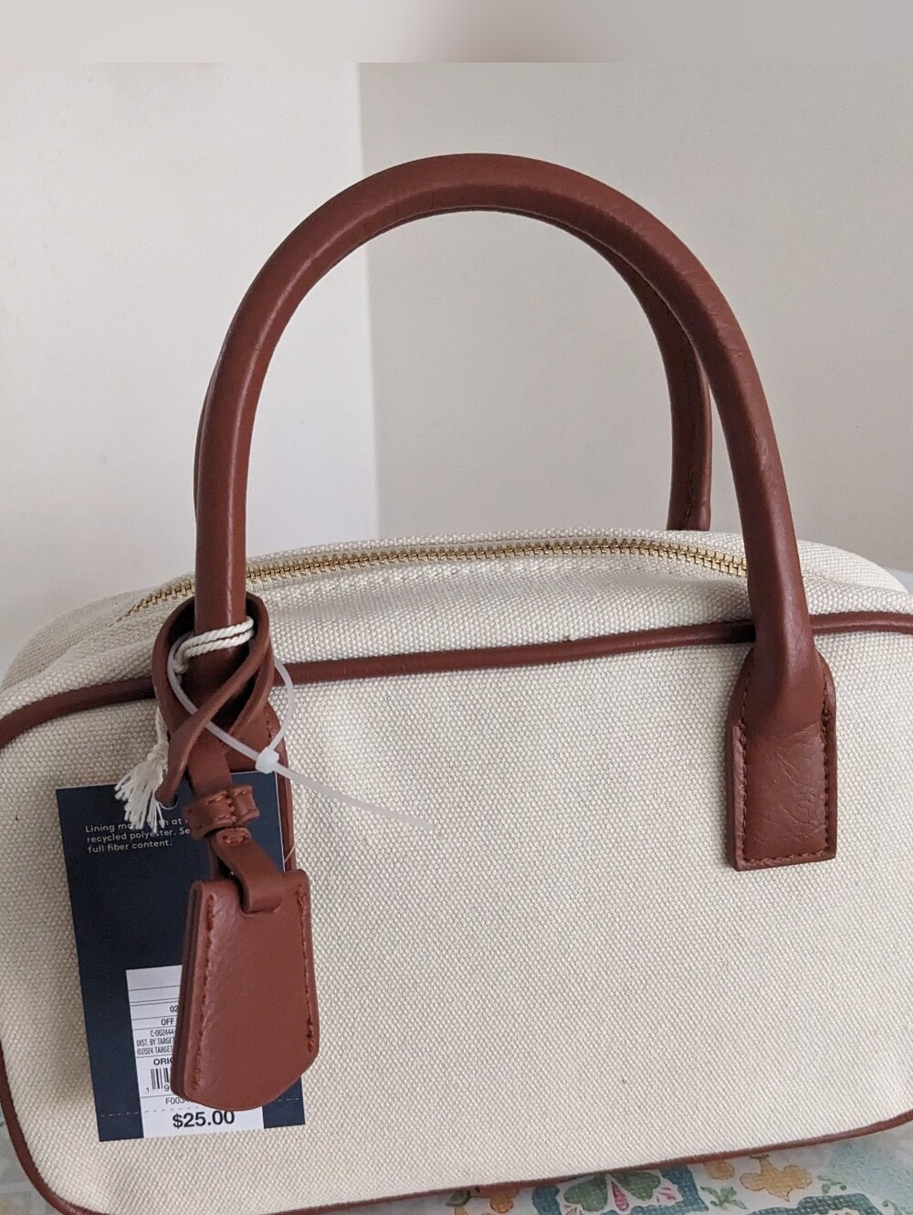 Universal Thread Cream Canvas Crossbody Satchel with Brown Trim